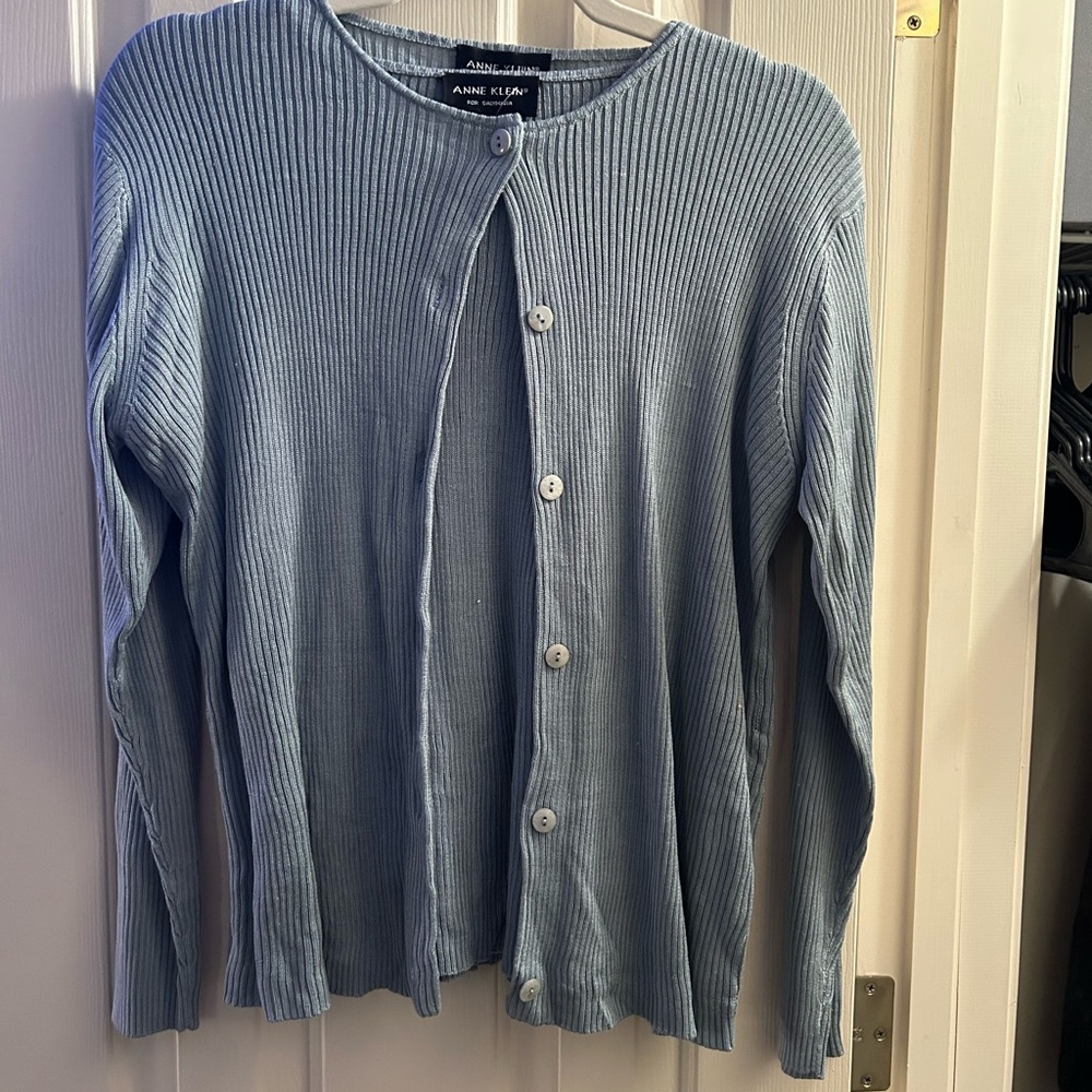 Anne Klein Seafoam Ribbed Silk Cardigan and Shirt Set